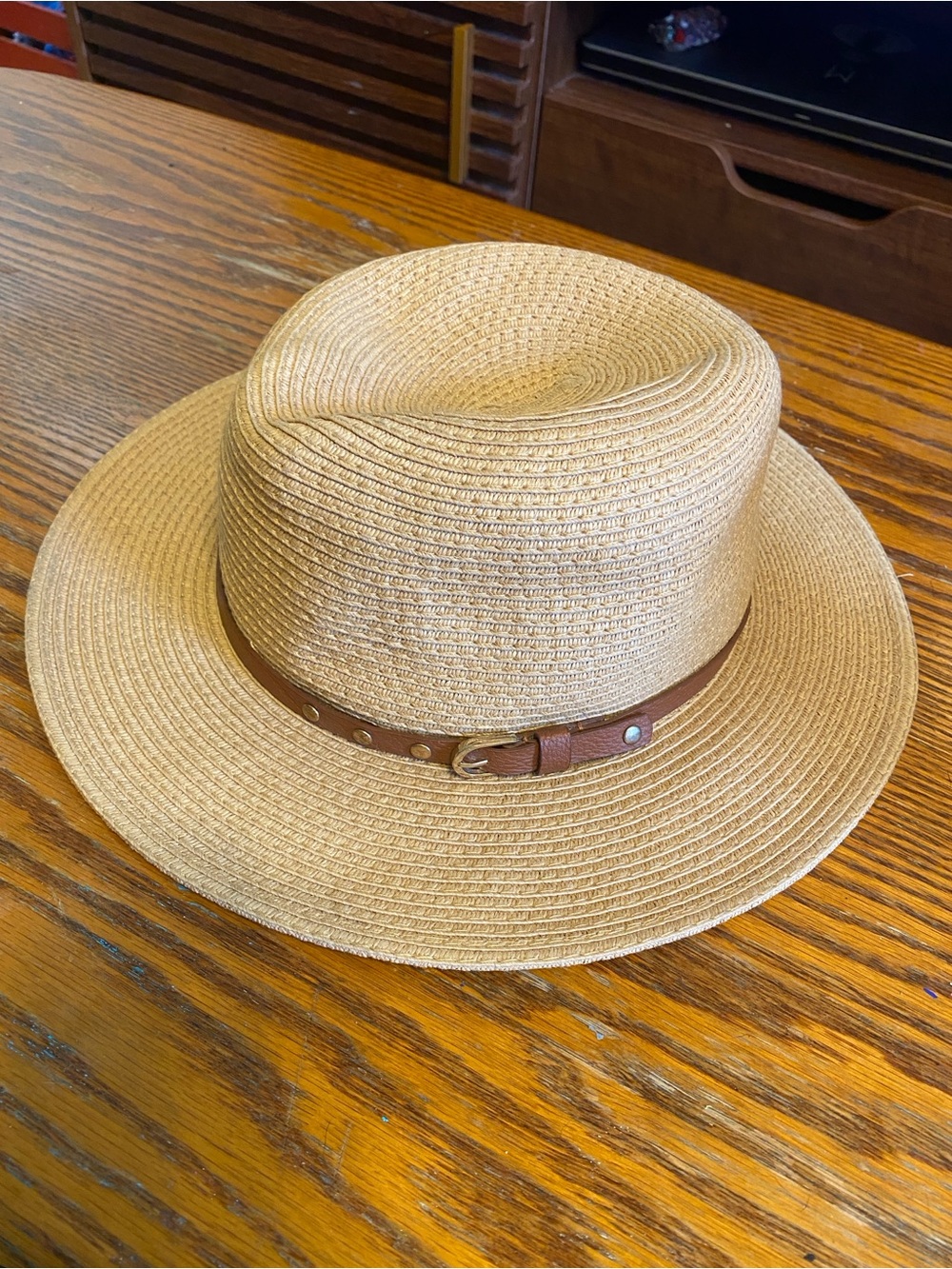 Classic Straw Fedora Hat with Brown Leather Band - Natural